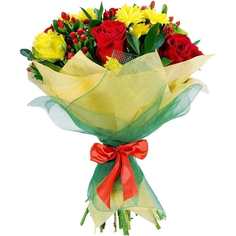 Bunter Blumenstrauß mit roten und gelben Blumen und roter Schleife
