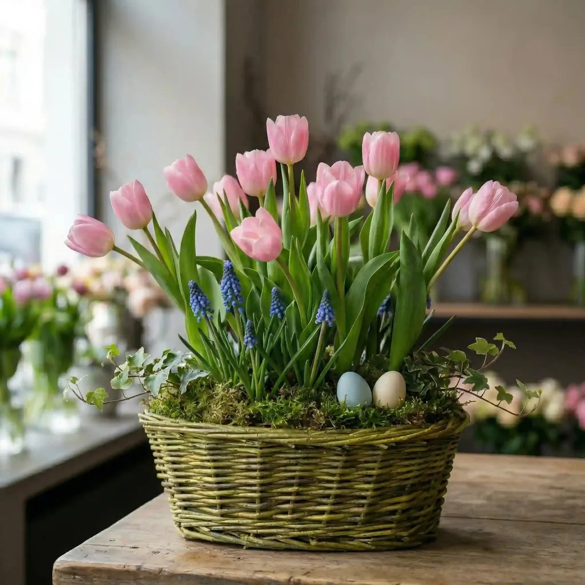 Eleganter Frühlingskorb mit rosa Tulpen Muscari und Efeu - MO BLUMEN Wien