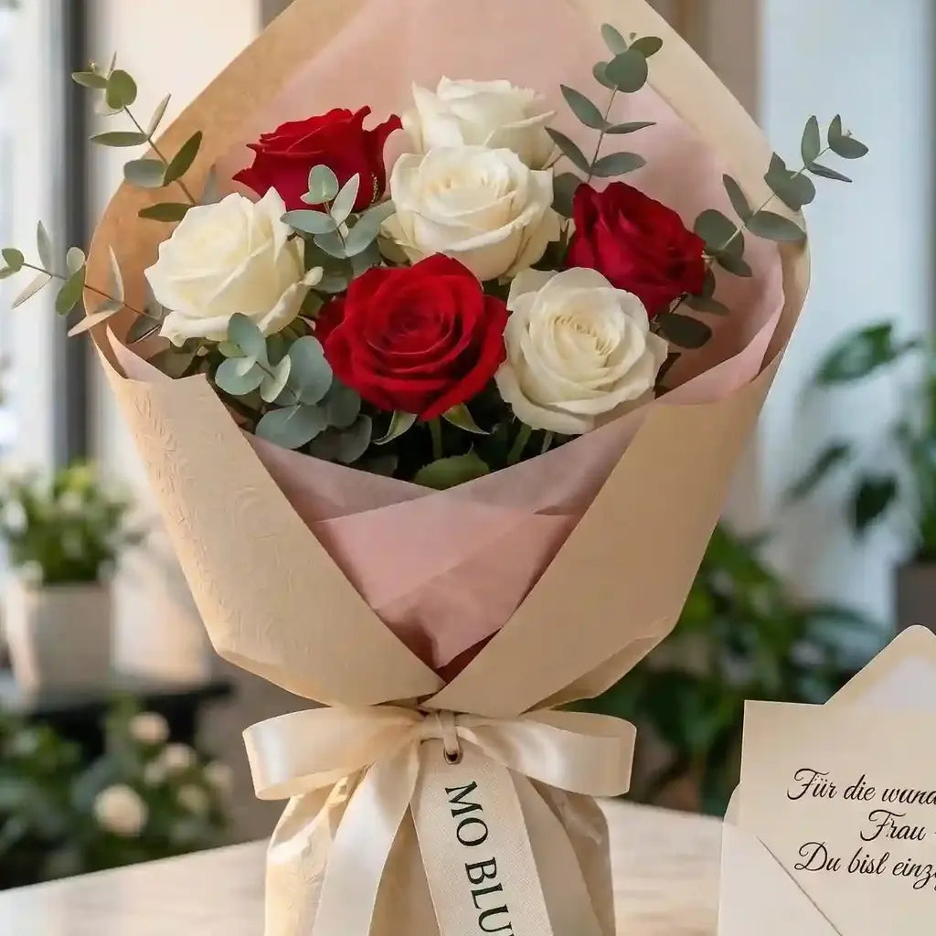 Rosenstrauß mit roten und weißen Rosen von MO BLUMEN, arrangiert mit Eukalyptus, in strukturiertem beigem und rosa Papier mit Schleife und MO BLUMEN Anhänger.