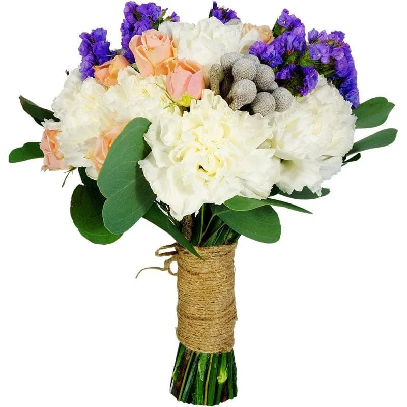 Bunter Blumenstrauß mit weißen, lila und rosa Blüten und grünen Blättern