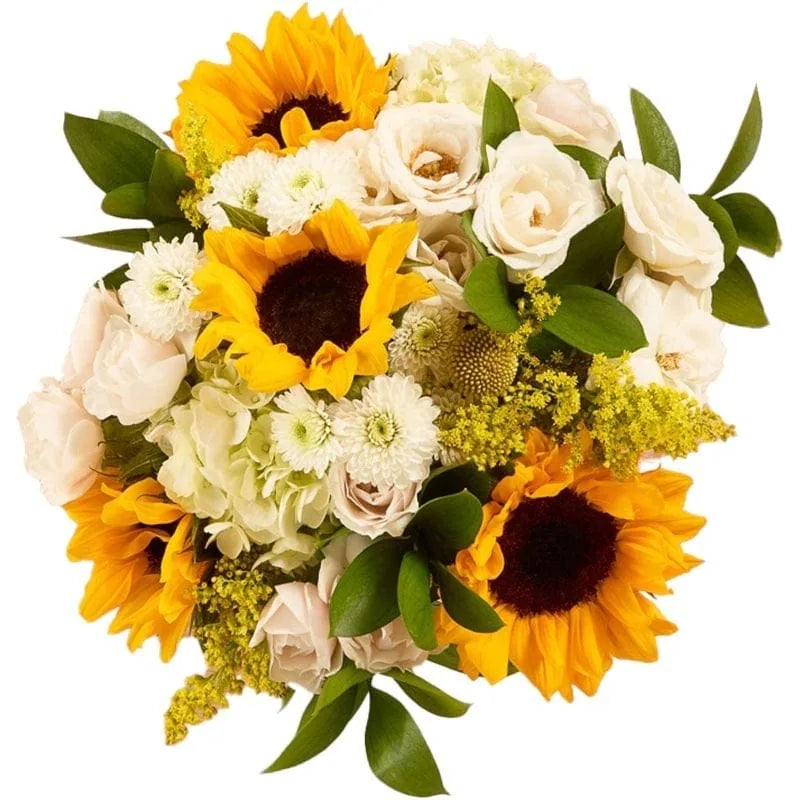 Blumenstrauß mit Sonnenblumen, weißen Rosen und weiteren Blumen