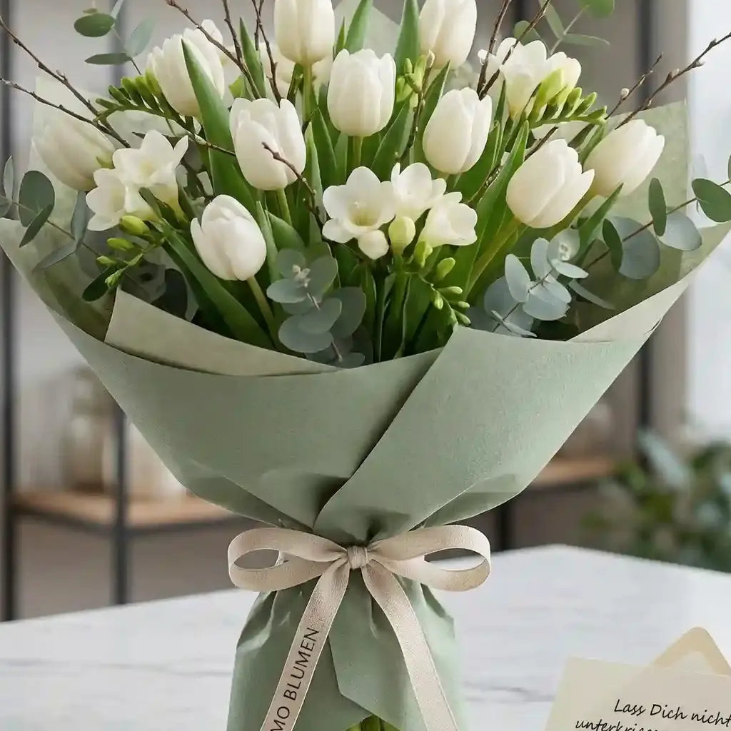 Frühlingsfrische Tulpenstrauß Nahaufnahme - Weiße Tulpen Detail - MO BLUMEN Wien