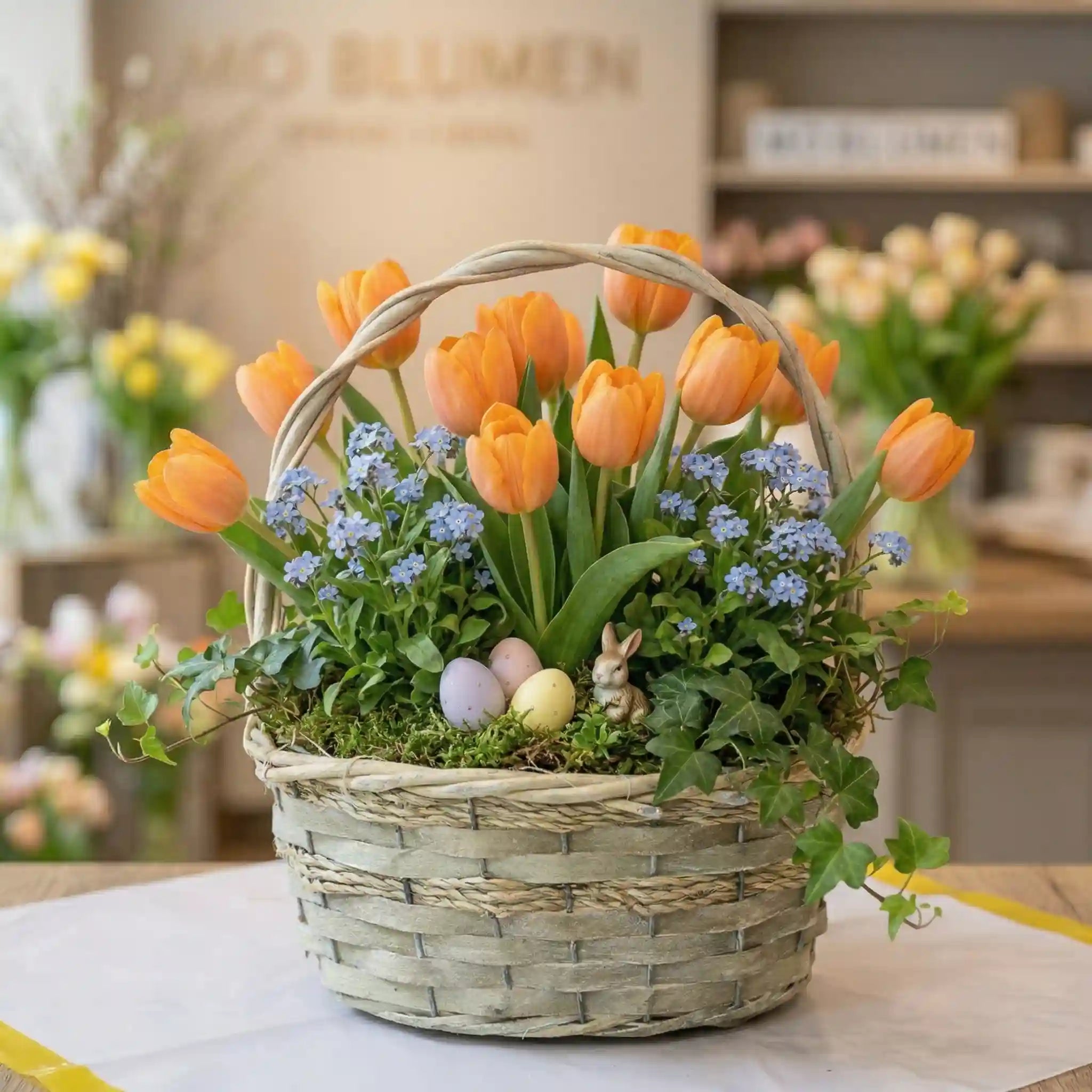 Frühlingskorb Apricot mit Tulpen und Vergissmeinnicht - MO BLUMEN Wien