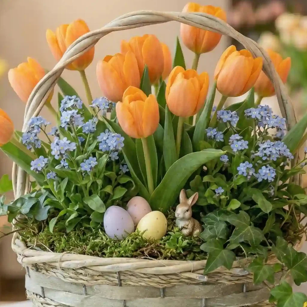 Frühlingskorb Apricot Nahaufnahme - Tulpen Vergissmeinnicht MO BLUMEN Wien