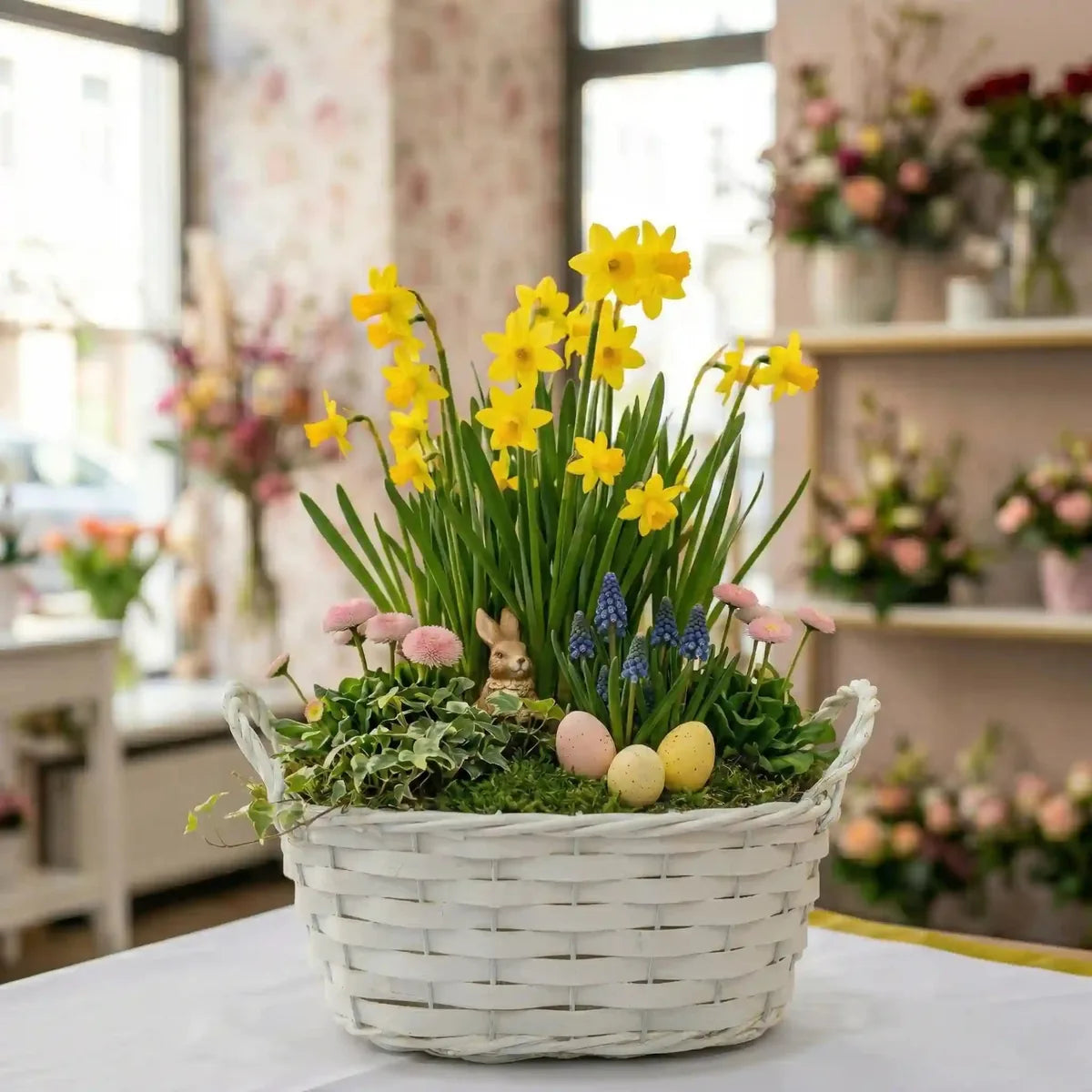 Frühlingskorb Pastellblau mit Narzissen und Muscari - Osterblumen MO BLUMEN Wien