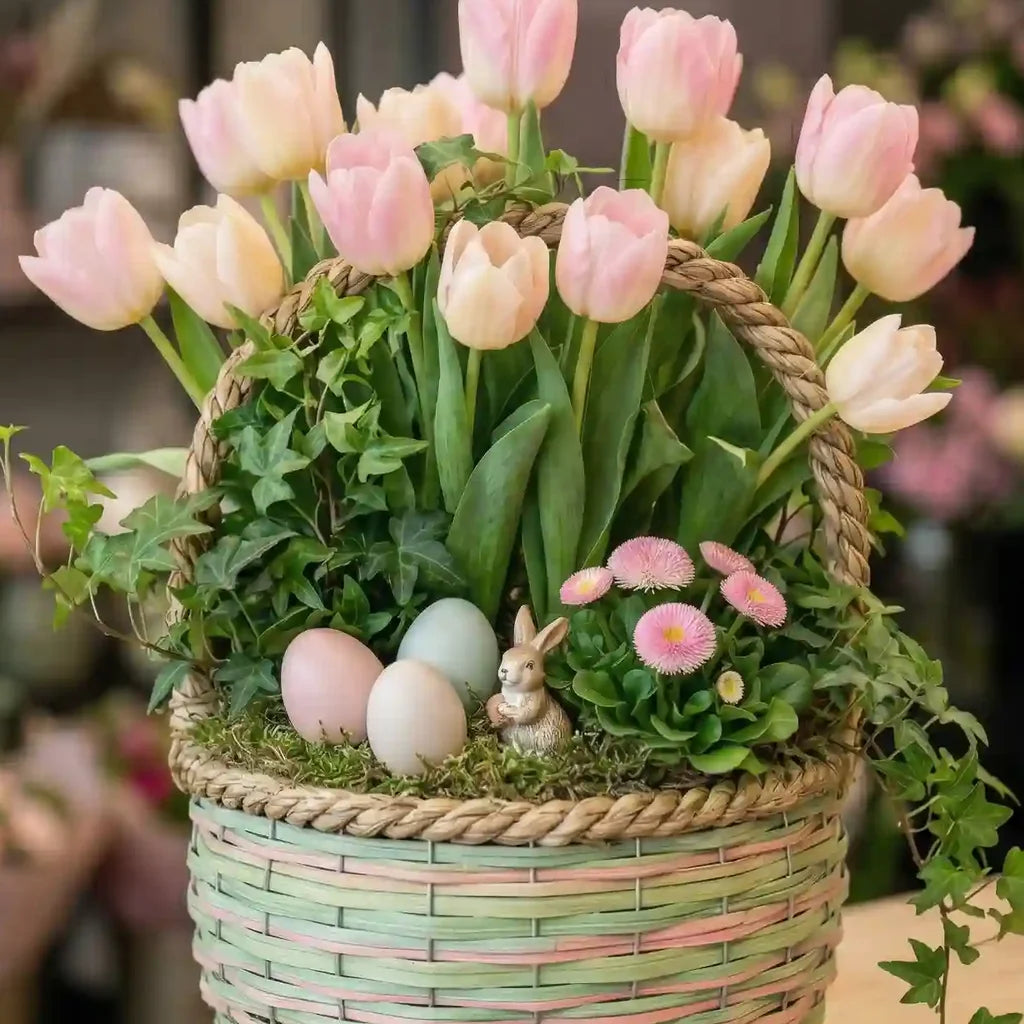 Geflochtener Frühlingskorb mit rosa-cremefarbenen Tulpen von MO BLUMEN, dekoriert mit Ostereiern, Hasenfigur und kleinen rosa Blüten.