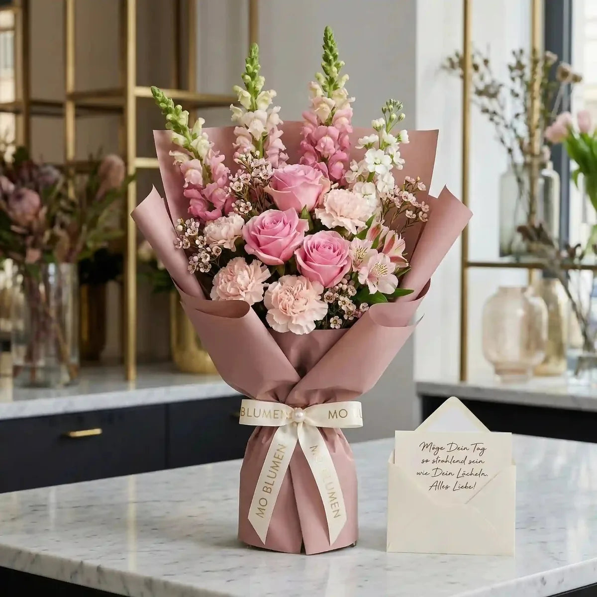 Romantischer Frühlingsstrauß in Rosa- und Pinktönen von MO BLUMEN, mit Rosen, Nelken und Löwenmäulchen, in rosa Papier verpackt, mit Grußkarte.