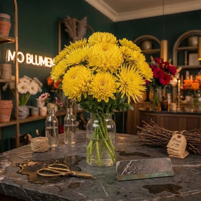 Gelbe Chrysanthemen von MO BLUMEN in einer Glasvase auf einer dunklen Marmorplatte in einem Blumenladen.