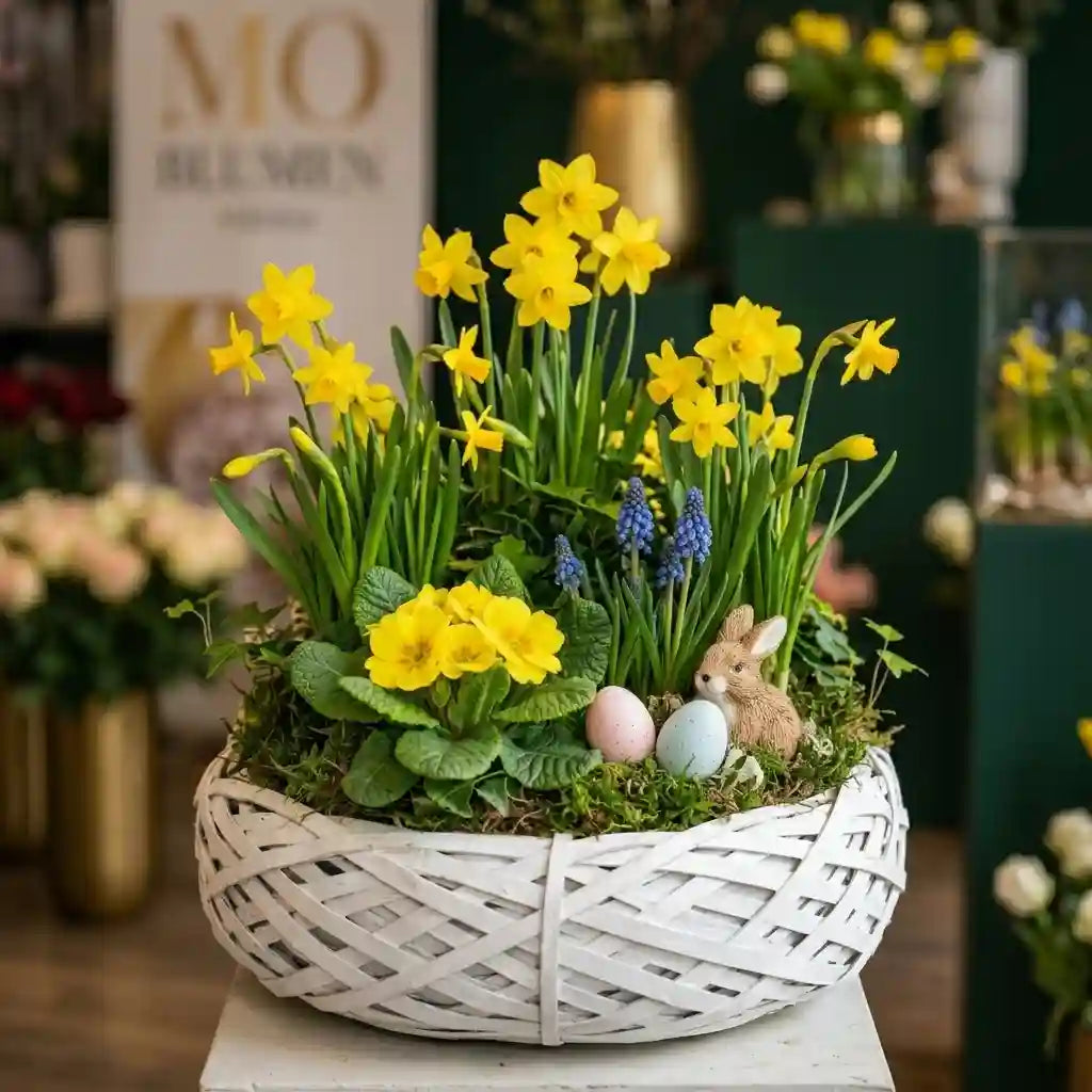 Gelber Osterkorb mit Narzissen Primeln und Muscari - MO BLUMEN Wien