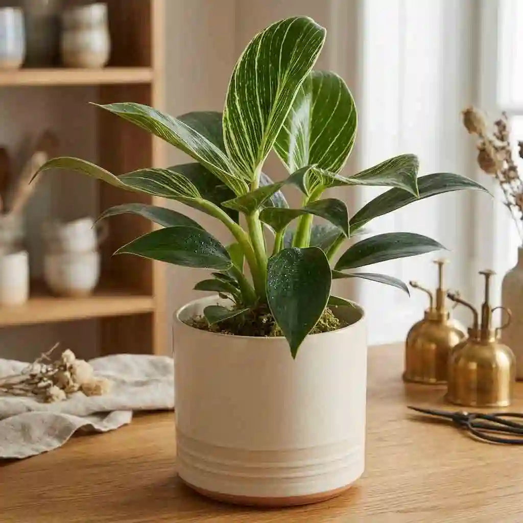 Grünpflanze mit grün-weiß panaschierten Blättern von MO BLUMEN in einem beigefarbenen Topf mit gerilltem Rand.