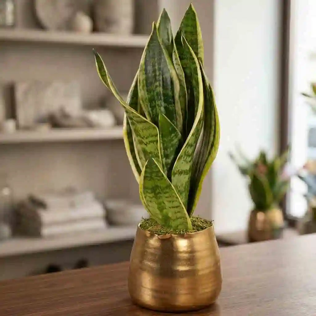 Bogenhanf mit grün-gelb gestreiften Blättern von MO BLUMEN, in einem strukturierten goldenen Topf auf einem Holztisch.