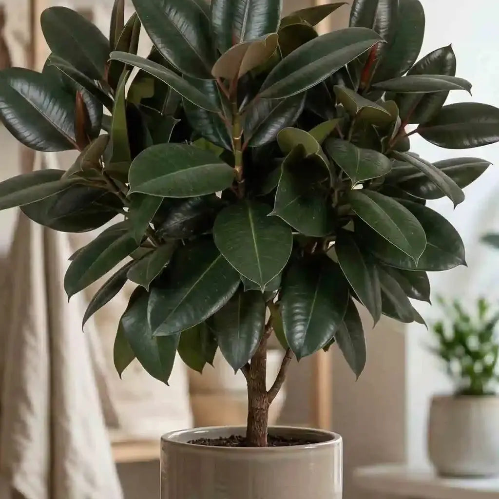 Dunkelgrüner Gummibaum (Ficus Elastica) von MO BLUMEN in hellem Topf mit glänzenden Blättern, im Wohnambiente stehend.