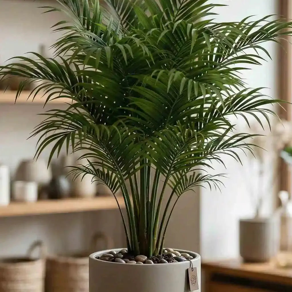 Grüne Howea Forsteriana Pflanze von MO BLUMEN in hellgrauem Topf mit Kieselsteinen.