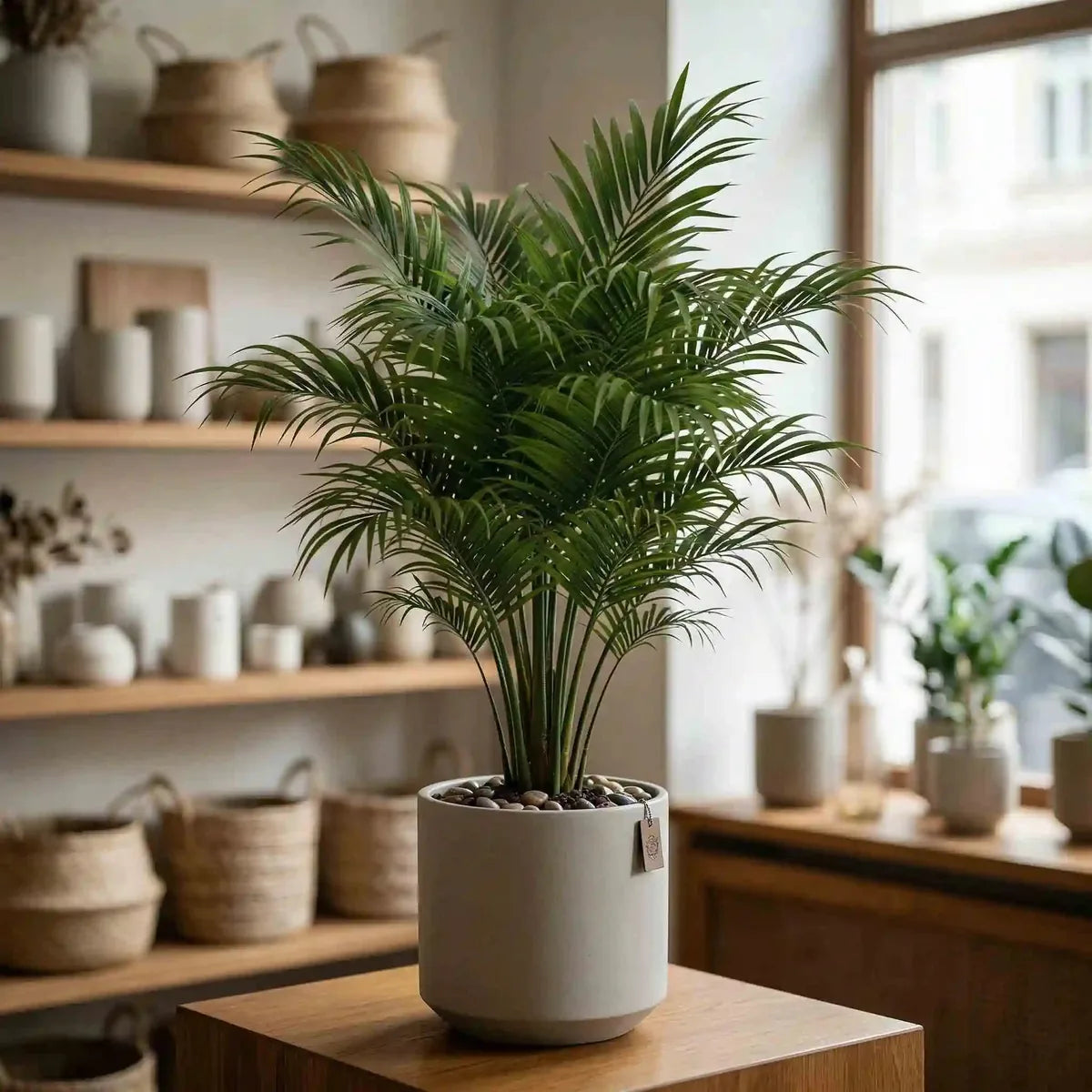 Grüne Howea Forsteriana Zimmerpflanze von MO BLUMEN in einem beigefarbenen Topf mit Kieselsteinen, auf einem Holztisch.