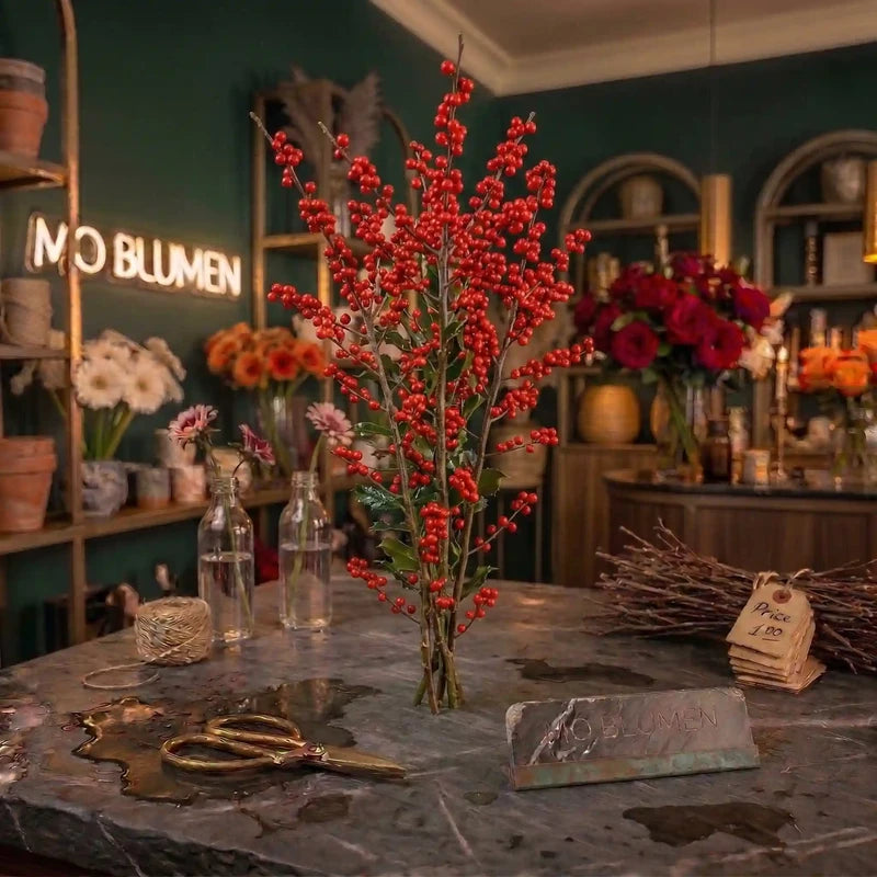 Ilex mit roten Beeren von MO BLUMEN, als Bund auf einem dunklen Steintisch.