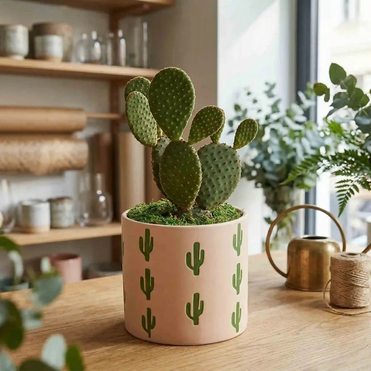 Grüner Kaktus im hellrosa Topf von MO BLUMEN mit grünen Kaktus-Silhouetten, auf einem Holztisch.