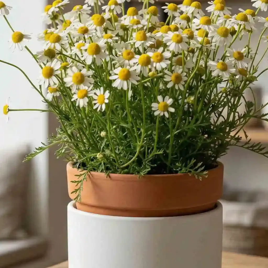 Blühende weiße Kamelien von MO BLUMEN mit gelben Blütenköpfen in einem Terrakottatopf in einem weißen Übertopf.