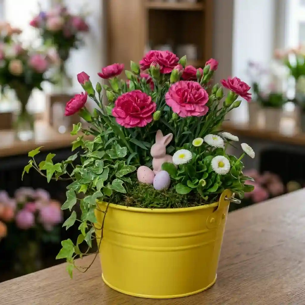 Gelber Frühlingskorb mit rosa Nelken von MO BLUMEN, dekoriert mit Gänseblümchen, Efeu, einem rosa Osterhasen und bunten Ostereiern auf Moos.