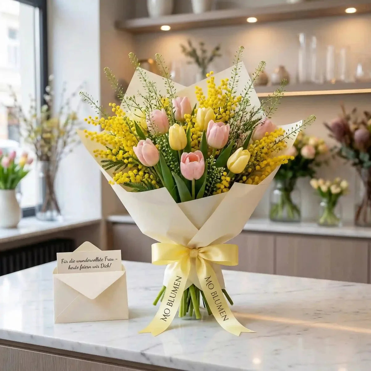 Bunter Mimosen-Tulpenstrauß von MO BLUMEN mit gelben Mimosen und rosa-gelben Tulpen, in cremefarbenes Papier gewickelt und mit gelbem MO BLUMEN Band verziert. Daneben eine Grußkarte.