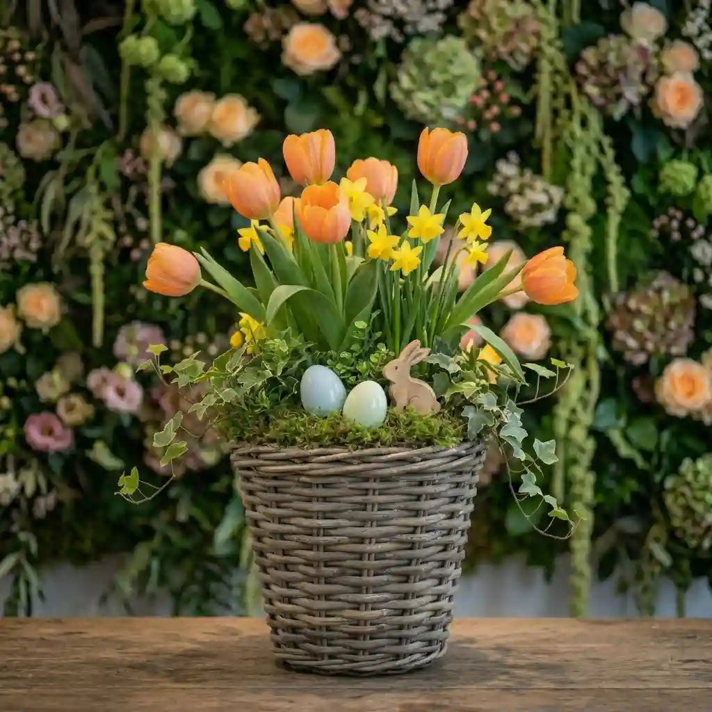 Moderner Frühlingskorb mit orangefarbenen Tulpen und gelben Narzissen von MO BLUMEN, in grauem Korb mit Eiern und Holzhasen auf Holztisch.