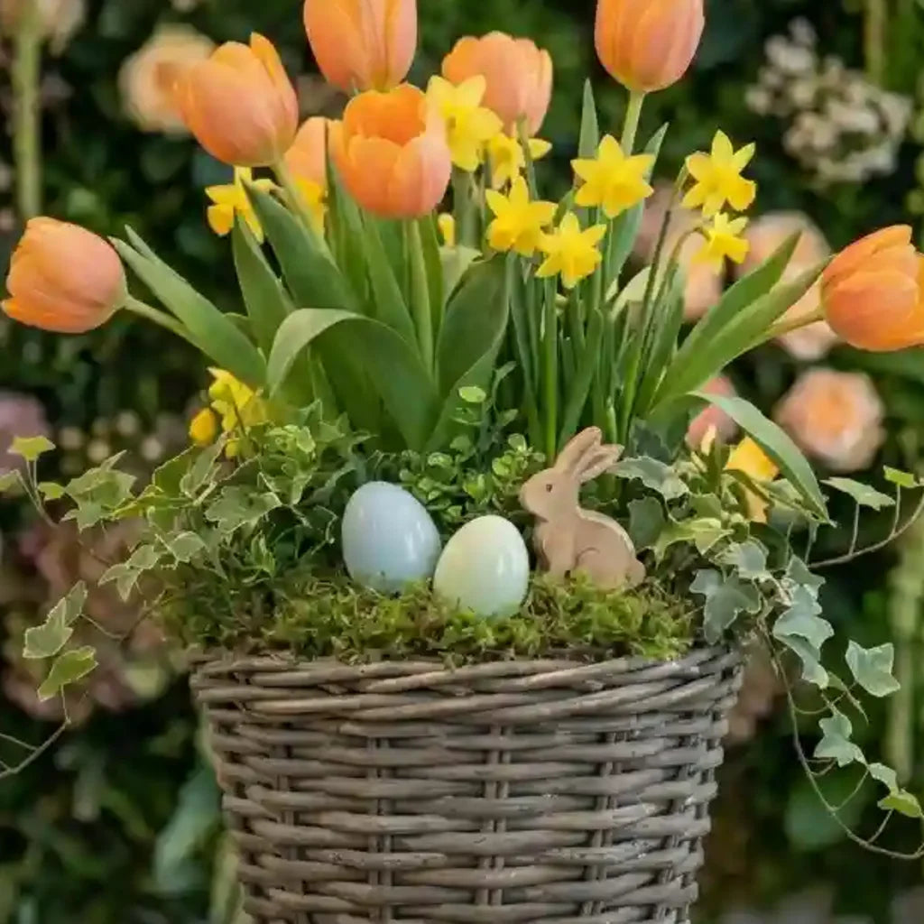 Moderner Frühlingskorb Nahaufnahme - Tulpen Narzissen MO BLUMEN Wien