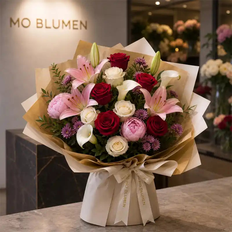 Muttertagsstrauß mit roten Rosen, rosa Lilien und Pfingstrosen in Kraftpapier – MO BLUMEN Wien