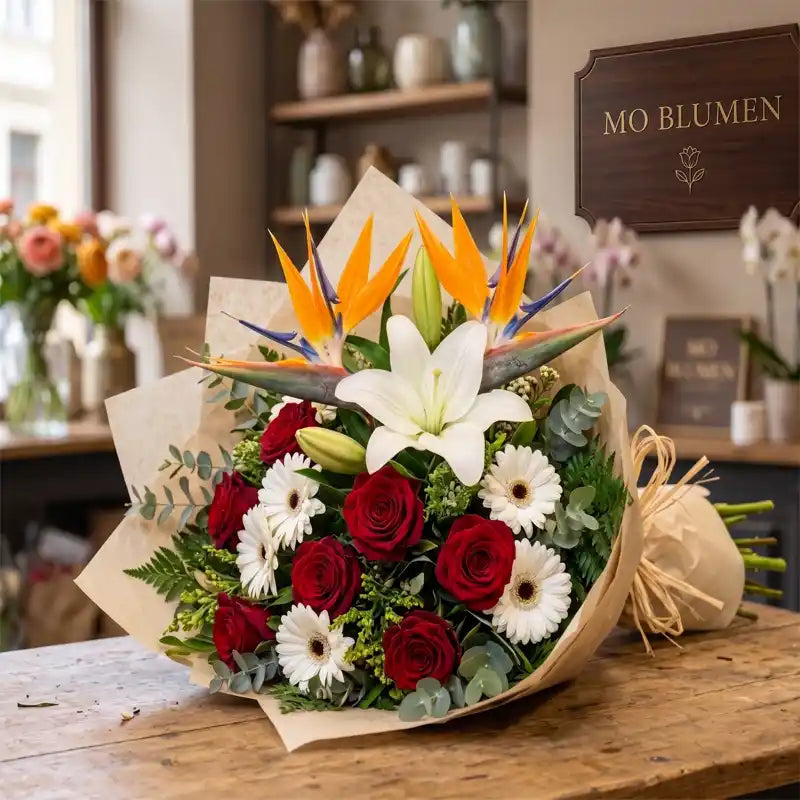 Exotischer Muttertagsstrauß mit Strelitzien, roten Rosen und weißen Gerbera in Kraftpapier – MO BLUMEN Wien
