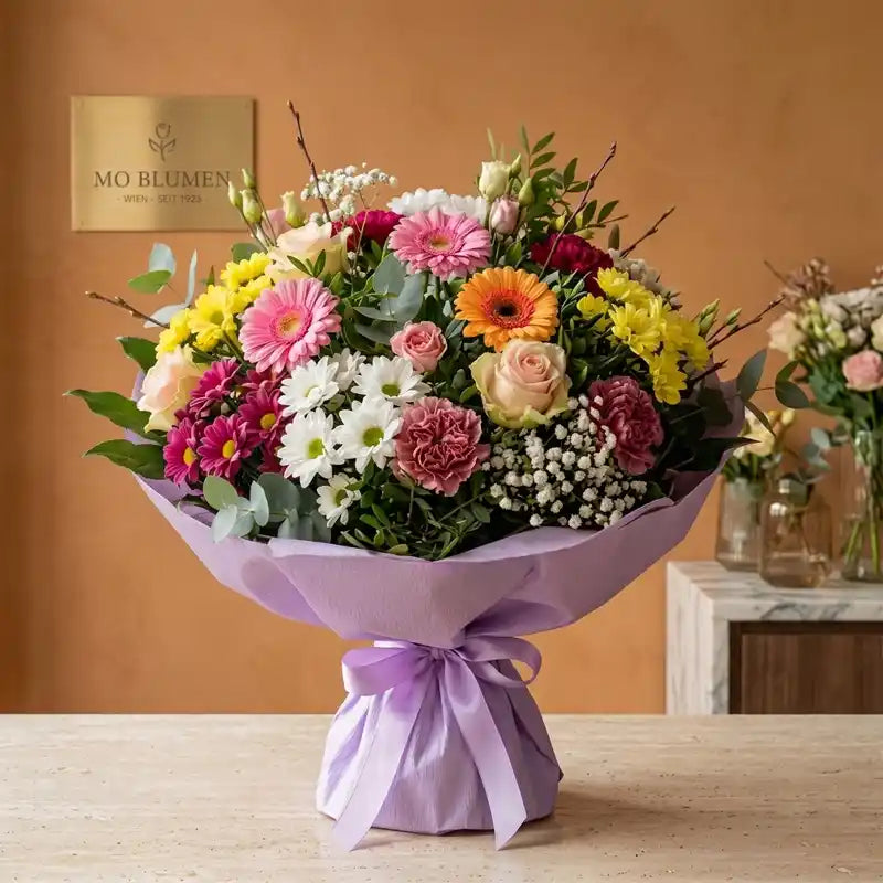 Bunter Muttertagsstrauß mit Gerbera, Rosen und Chrysanthemen in lila Papier – MO BLUMEN Wien