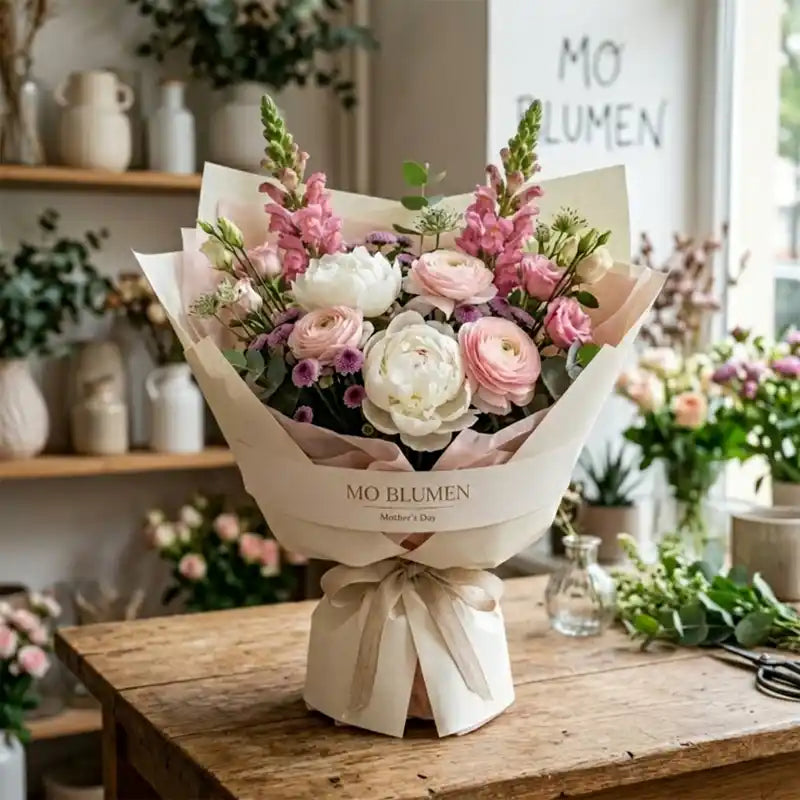 Muttertagsstrauß mit rosa Ranunkeln, weißen Pfingstrosen und Eukalyptus in cremefarbenem Papier – MO BLUMEN Wien