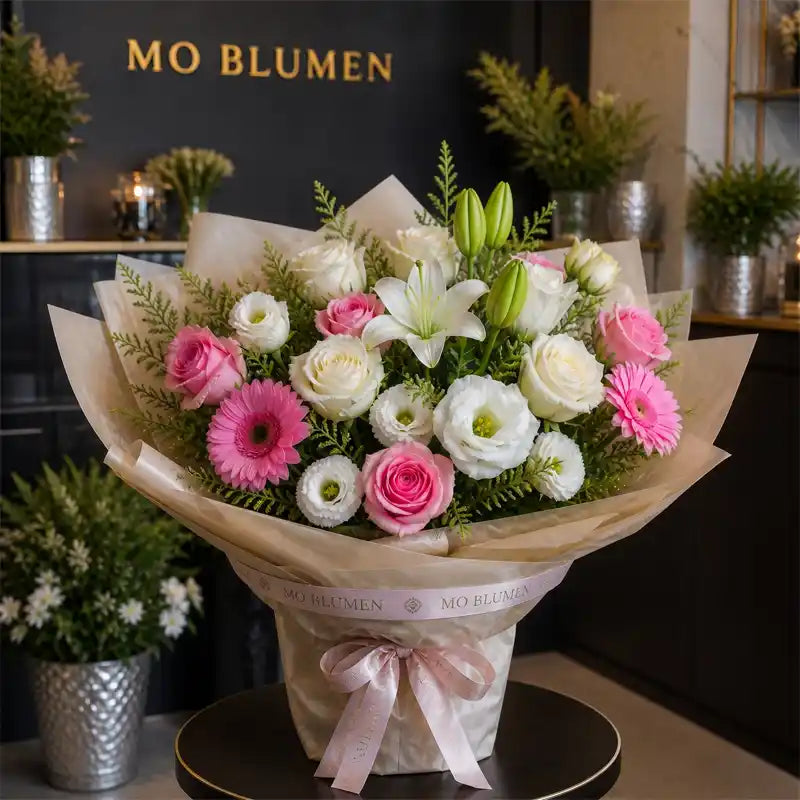 Muttertagsstrauß mit weißen und rosa Rosen, Gerbera und Lilien in Kraftpapier – MO BLUMEN Wien