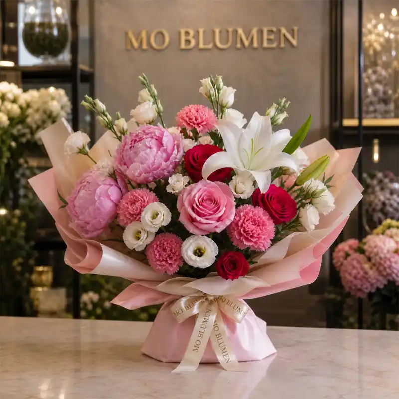Muttertagsstrauß mit rosa Pfingstrosen, roten Rosen und weißem Lisianthus in rosa Papier – MO BLUMEN Wien