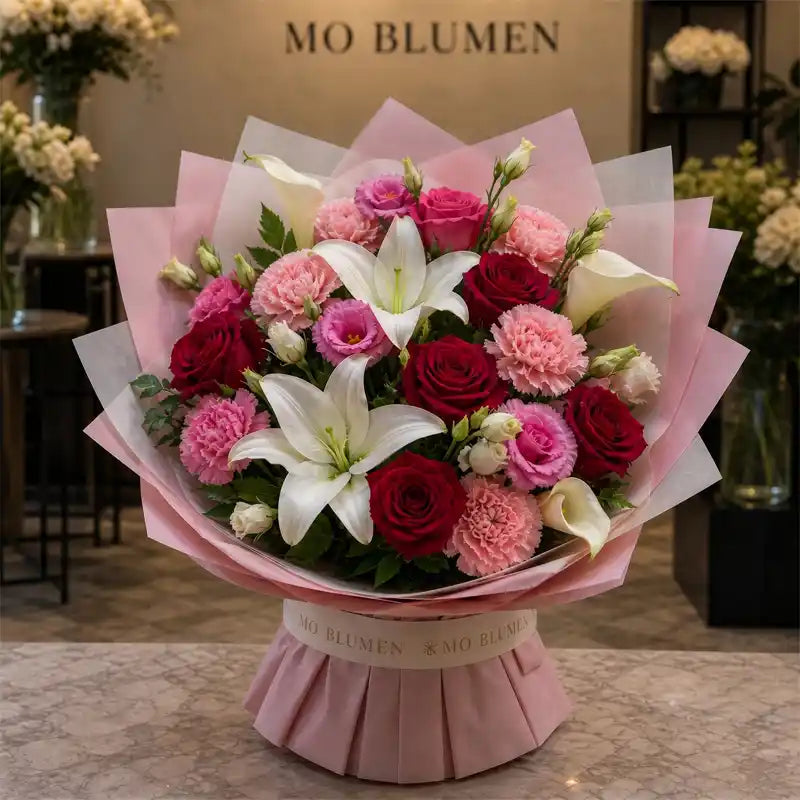 Muttertagsstrauß mit roten Rosen, weißen Lilien und rosa Nelken in rosa Papier – MO BLUMEN Wien