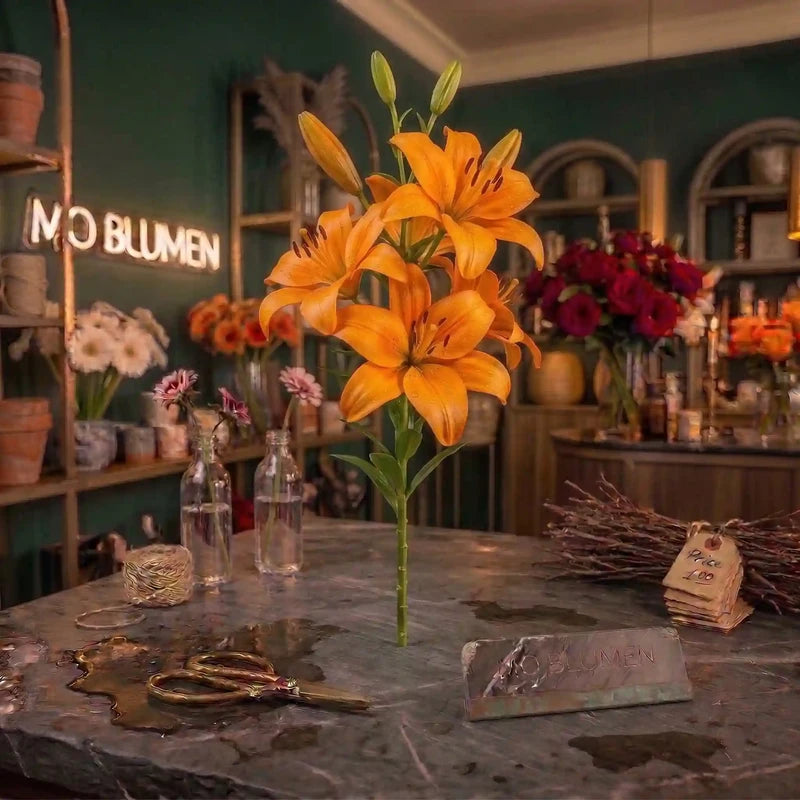 Orangefarbene Lilie von MO BLUMEN mit mehreren geöffneten Blüten und Knospen auf einer dunklen Theke.