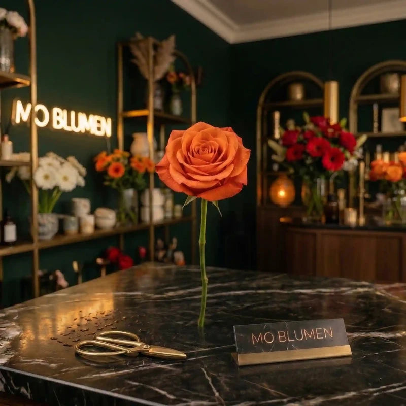 Orange Rose von MO BLUMEN, einzeln auf einem dunklen Marmortisch mit goldenen Scheren und Namensschild.