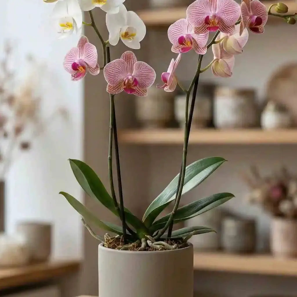 Phalaenopsis-Orchidee mit weißen und rosa gestreiften Blüten von MO BLUMEN in einem beigen Topf vor verschwommenen Regalen.