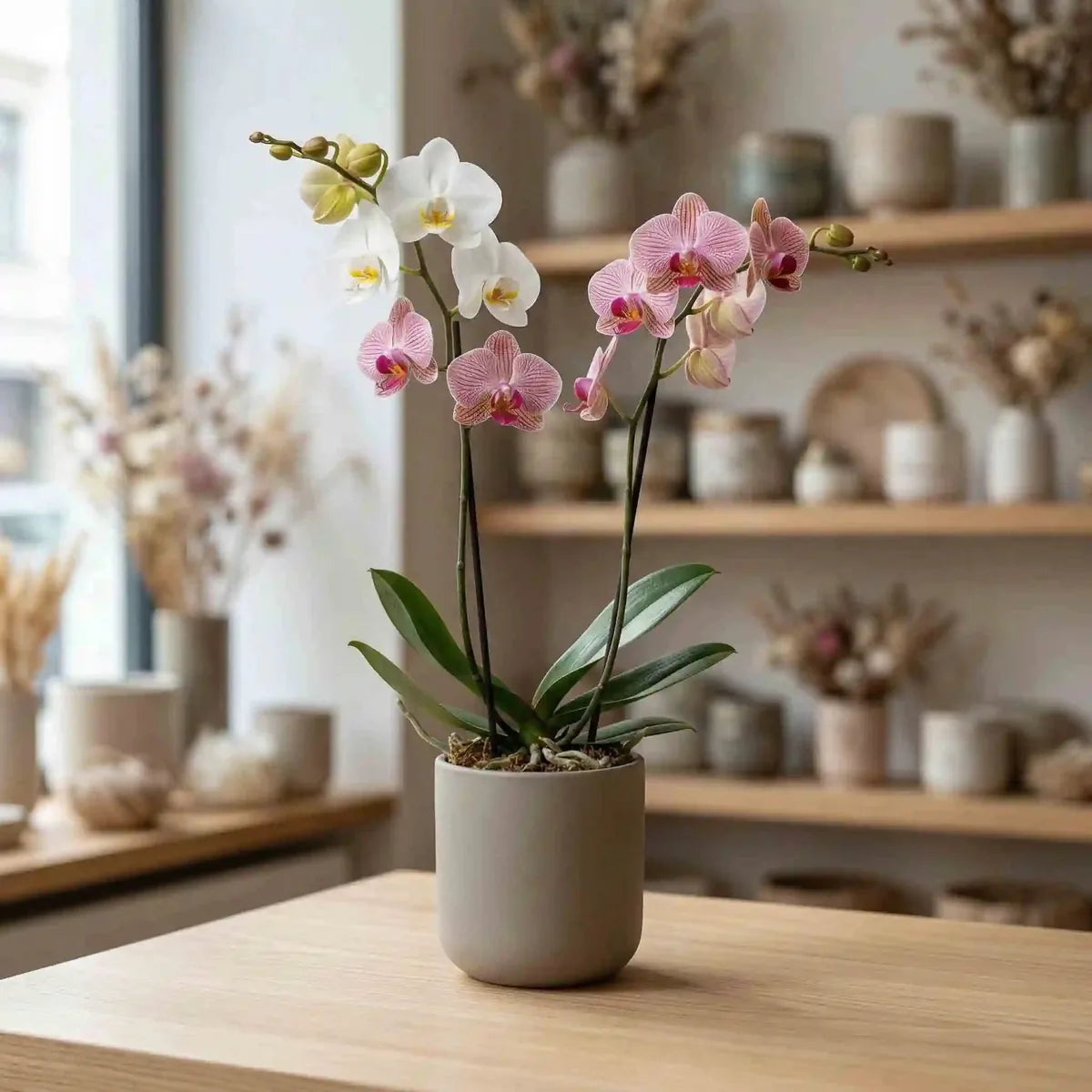Weiße und rosa gestreifte Orchidee Phalaenopsis von MO BLUMEN, in hellgrauem Topf auf Holztisch in hellem Raum.