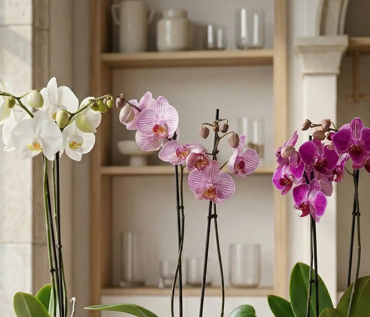 Phalaenopsis Orchidee Mix von MO BLUMEN mit weißen, rosa gestreiften und magentafarbenen Blüten, auf schwarzen Stäben und mit grünen Blättern.