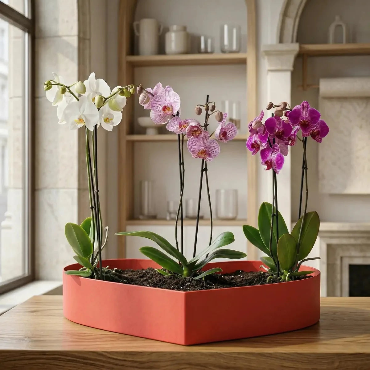 Phalaenopsis-Orchideen-Mix in Weiß, gestreiftem Rosa und Magenta von MO BLUMEN in einem herzförmigen, terracottafarbenen Pflanzgefäß auf einem Holztisch.