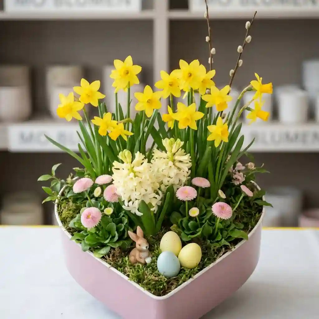 Lila herzförmiger Osterkorb von MO BLUMEN mit gelben Narzissen, weißen Hyazinthen, rosa Gänseblümchen, Moos, einem Häschen und Ostereiern.