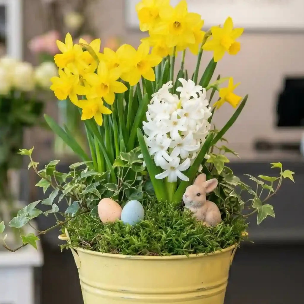 Gelber Pflanzkorb von MO BLUMEN mit weißen Hyazinthen, gelben Narzissen, Moos, Efeu, zwei pastellfarbenen Eiern und einer Häschenfigur.