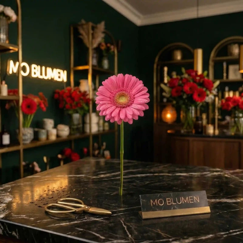 Rosa Gerbera von MO BLUMEN mit einzelnem Stiel auf dunkler Marmortheke, umgeben von Blumengeschäft-Interieur.