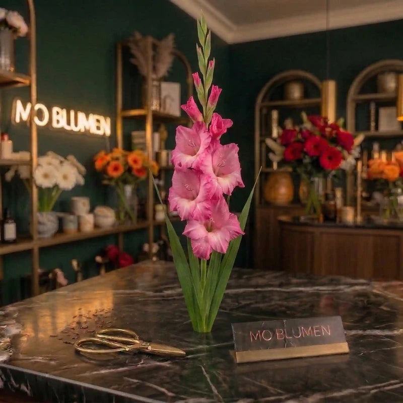 Rosa Gladiole von MO BLUMEN mit mehreren Blüten und grünen Blättern auf dunklem Marmortisch in einem Blumengeschäft.