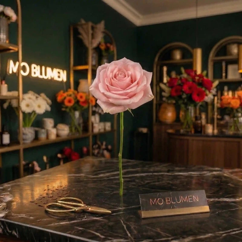 Rosa Rose von MO BLUMEN, auf dunkler Marmortheke mit goldenen Scheren und Neon-Logo im Hintergrund eines Blumenladens.