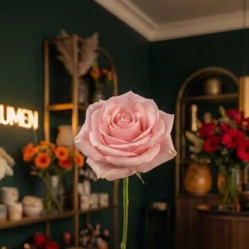 Rosa Rose von MO BLUMEN mit Tautropfen auf den Blütenblättern, vor verschwommenem, dunklem Hintergrund.