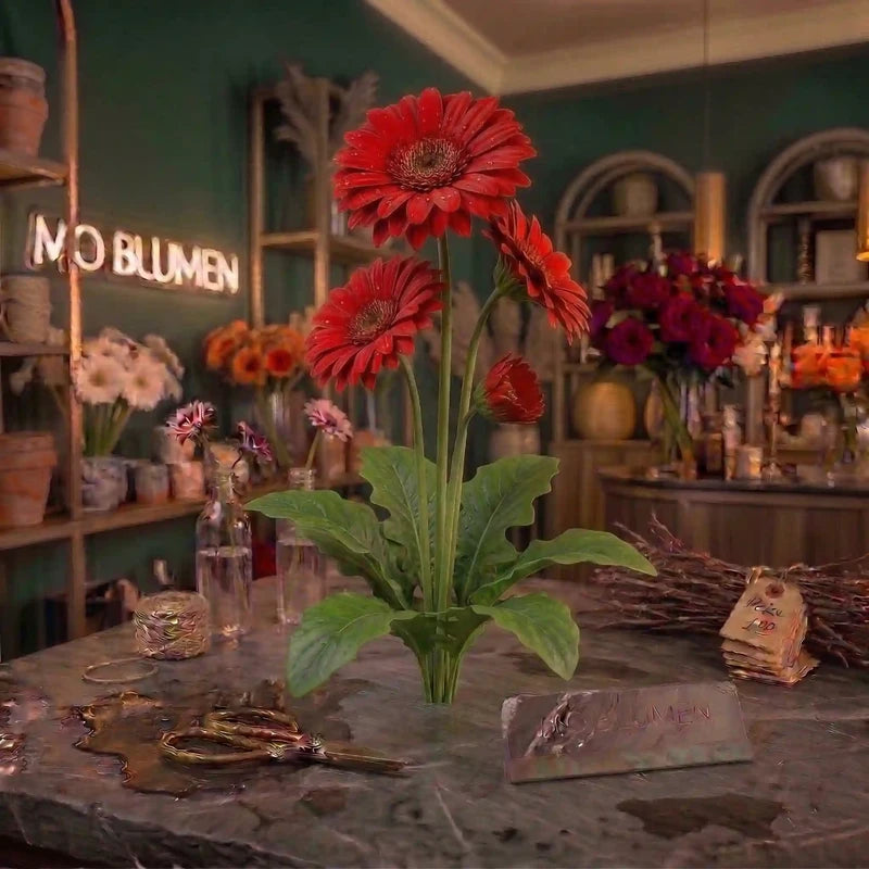 Rote Gerbera von MO BLUMEN mit grünen Blättern, als Arrangement auf dunklem Steintisch in einem Blumengeschäft.