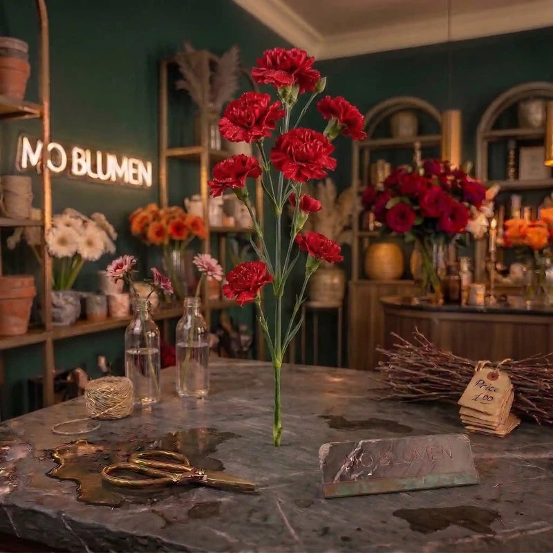 Rote Nelke von MO BLUMEN, stehend auf einer dunklen Theke in einem Blumengeschäft.