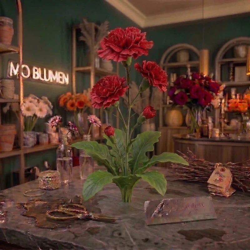 Rote Spray-Nelke von MO BLUMEN als Strauß mit grünen Blättern, auf dunklem Steintresen mit Wasserperlen.