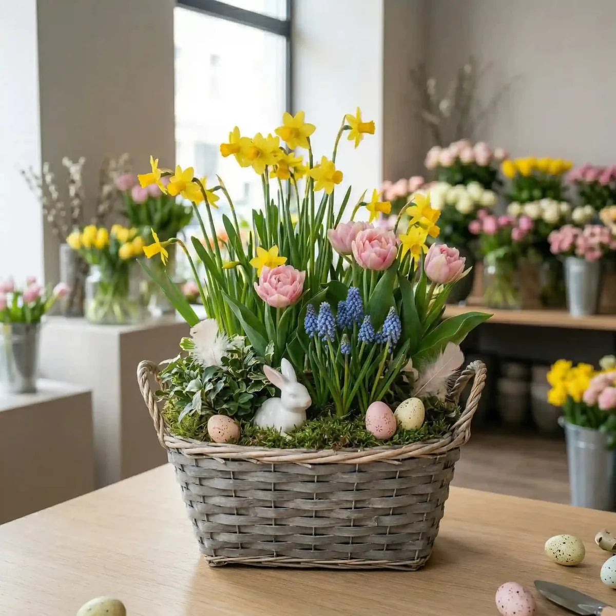 Rustikaler Pflanzkorb mit Tulpen und Narzissen - MO BLUMEN Wien
