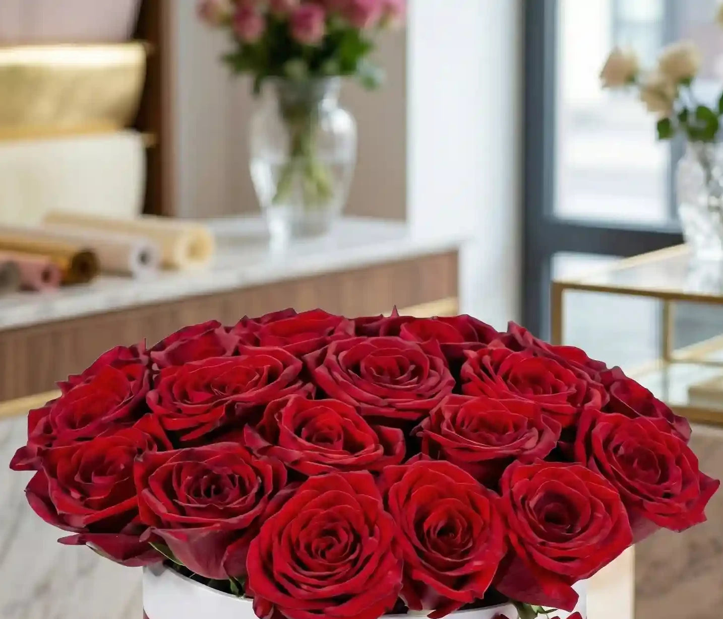 Samtrot-Box Nahaufnahme – rote Rosen Detail – MO BLUMEN Wien