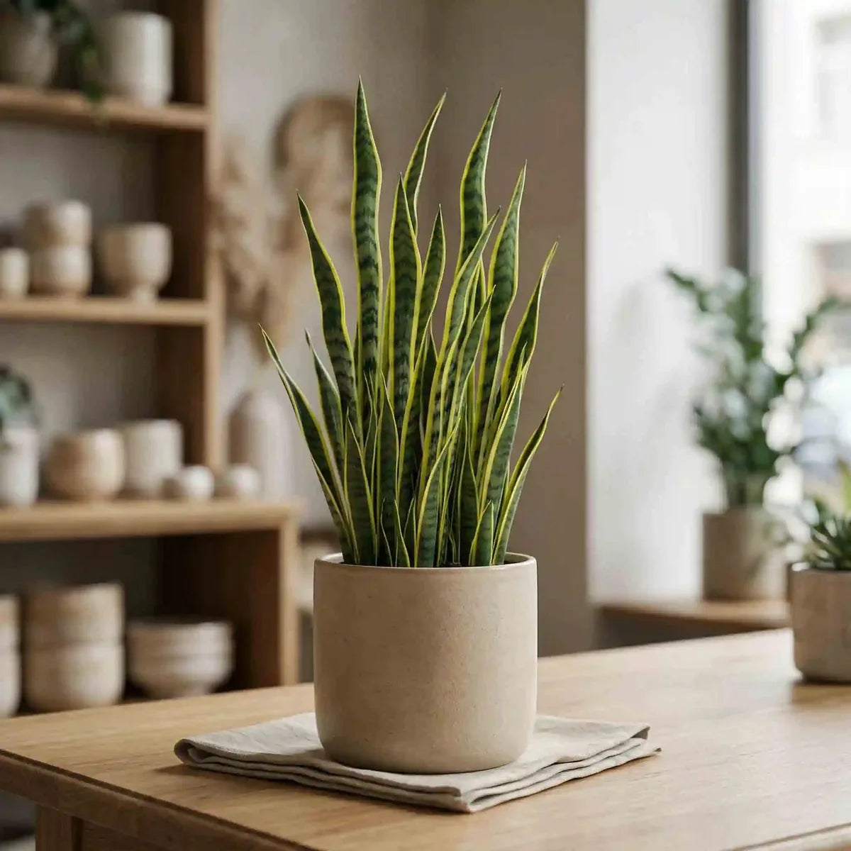 Sansevieria mit grünen und gelben Blättern von MO BLUMEN in einem beigen Topf auf einem Holztisch.